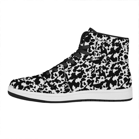 Black And White Cow Pattern Print High Top Leather Sneakers