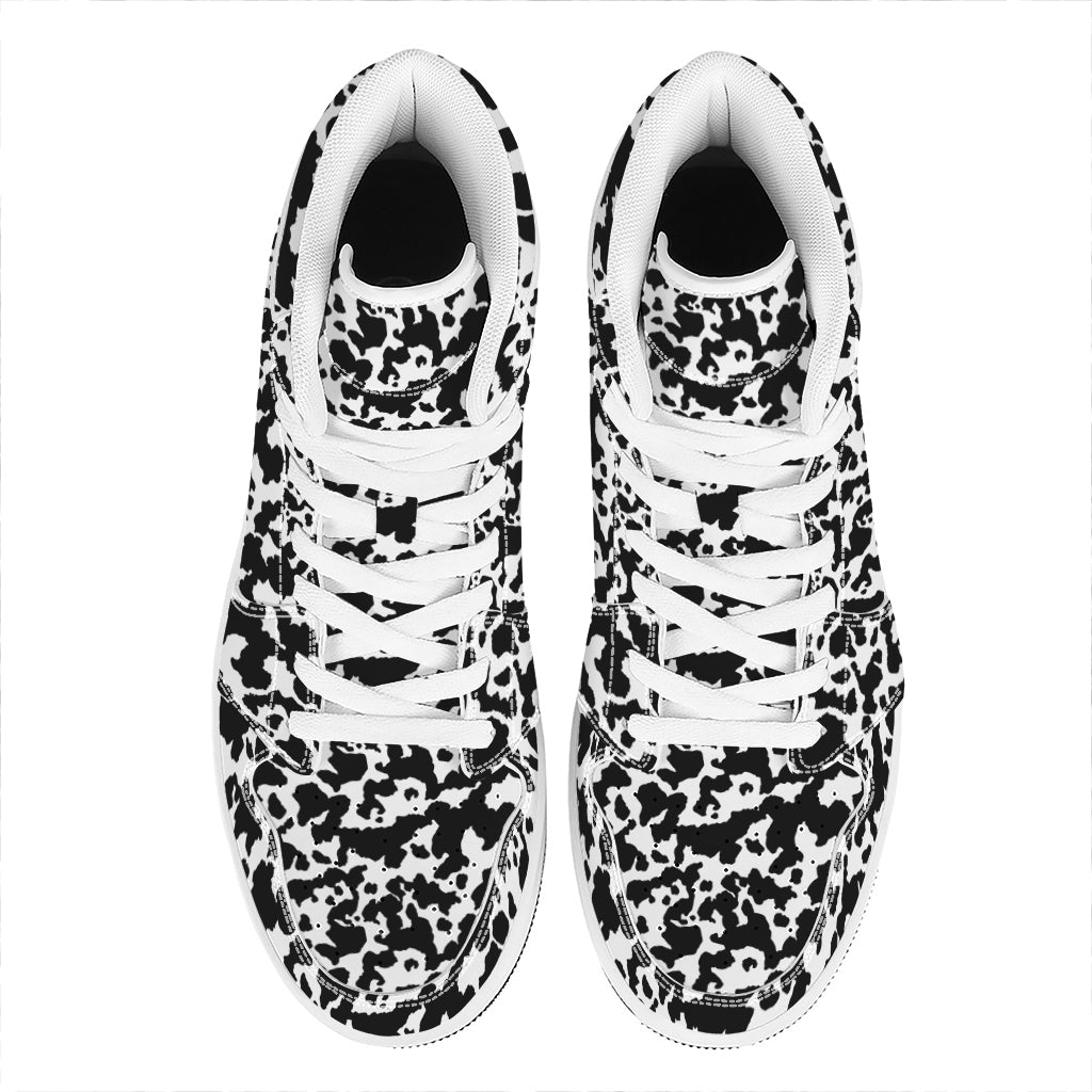 Black And White Cow Pattern Print High Top Leather Sneakers