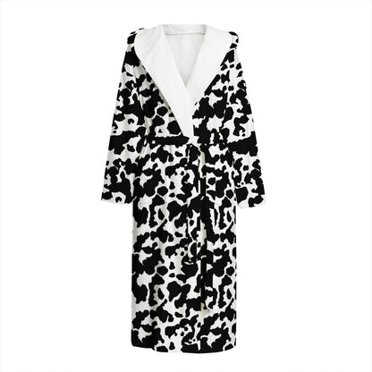 Black And White Cow Pattern Print Hooded Bathrobe