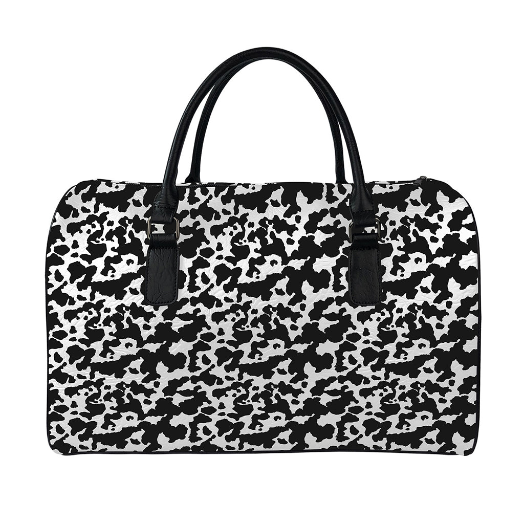 Black And White Cow Pattern Print Leather Duffle Bag