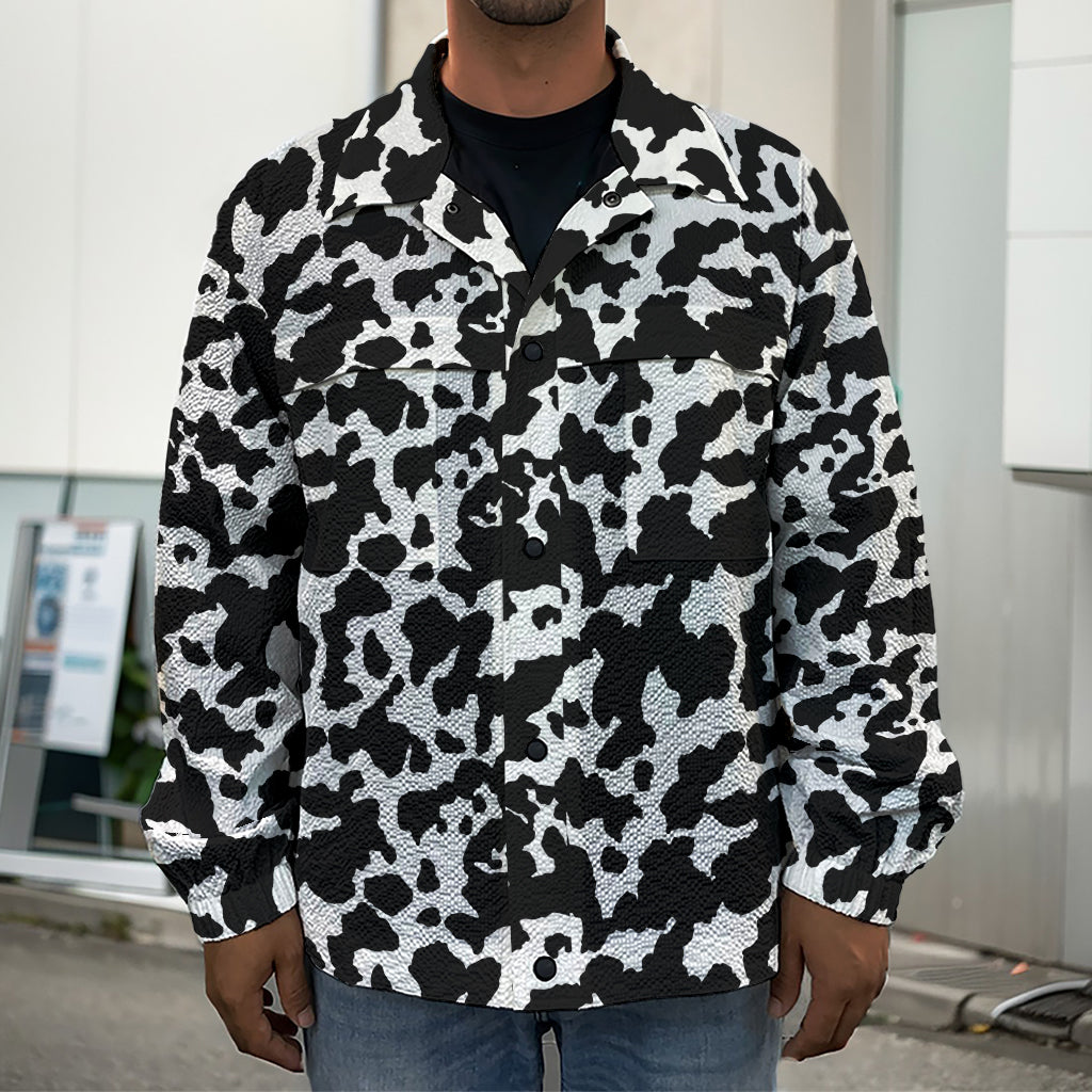 Black And White Cow Pattern Print Men's Shirt Jacket