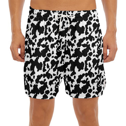 Black And White Cow Pattern Print Men's Split Running Shorts