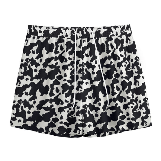 Black And White Cow Pattern Print Mesh Shorts