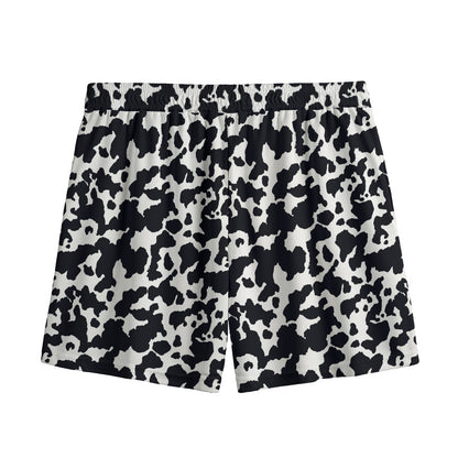 Black And White Cow Pattern Print Mesh Shorts