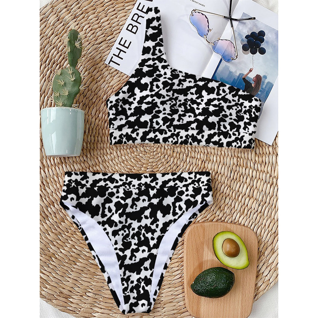 Black And White Cow Pattern Print One Shoulder Bikini Top