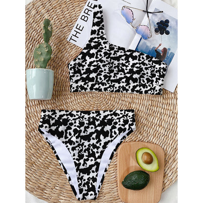 Black And White Cow Pattern Print One Shoulder Bikini Top