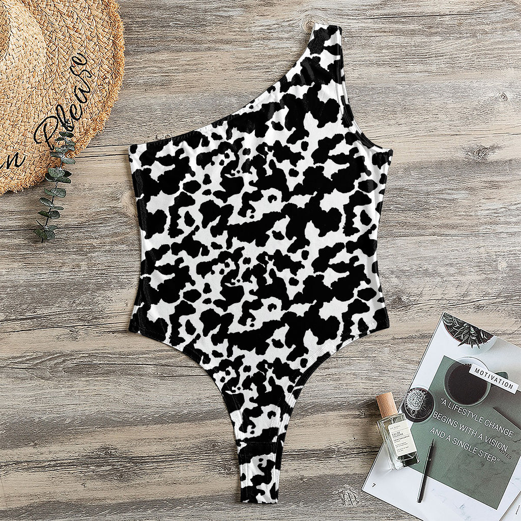 Black And White Cow Pattern Print One Shoulder Bodysuit