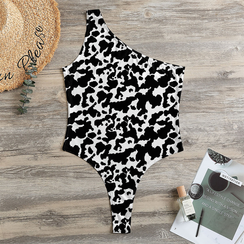 Black And White Cow Pattern Print One Shoulder Bodysuit
