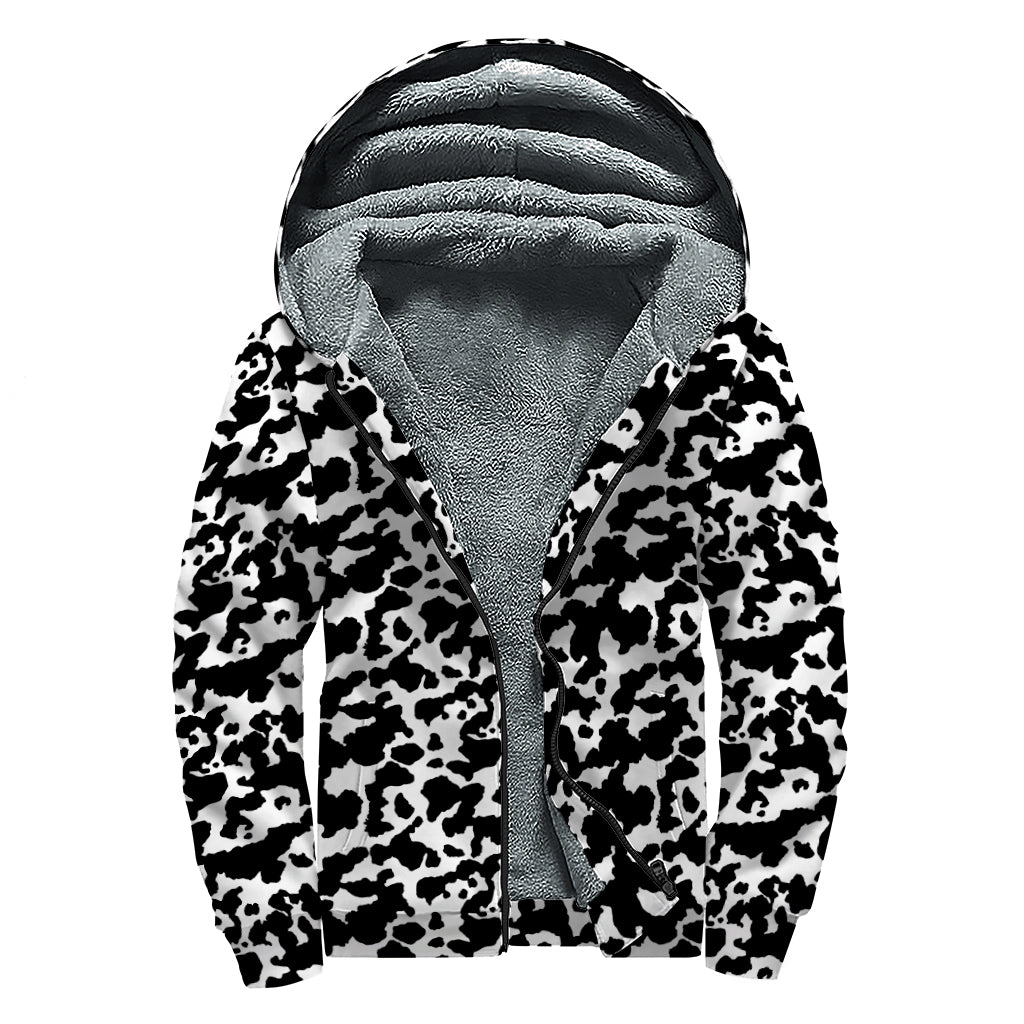 Black And White Cow Pattern Print Sherpa Lined Zip Up Hoodie
