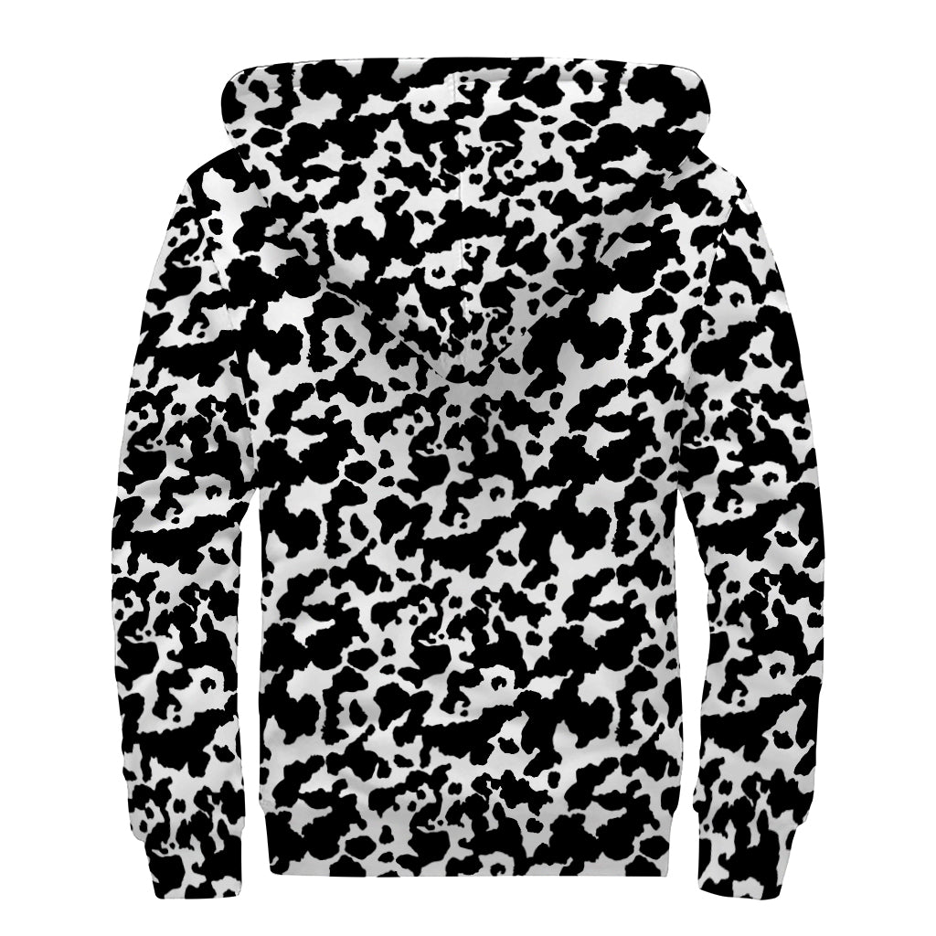 Black And White Cow Pattern Print Sherpa Lined Zip Up Hoodie