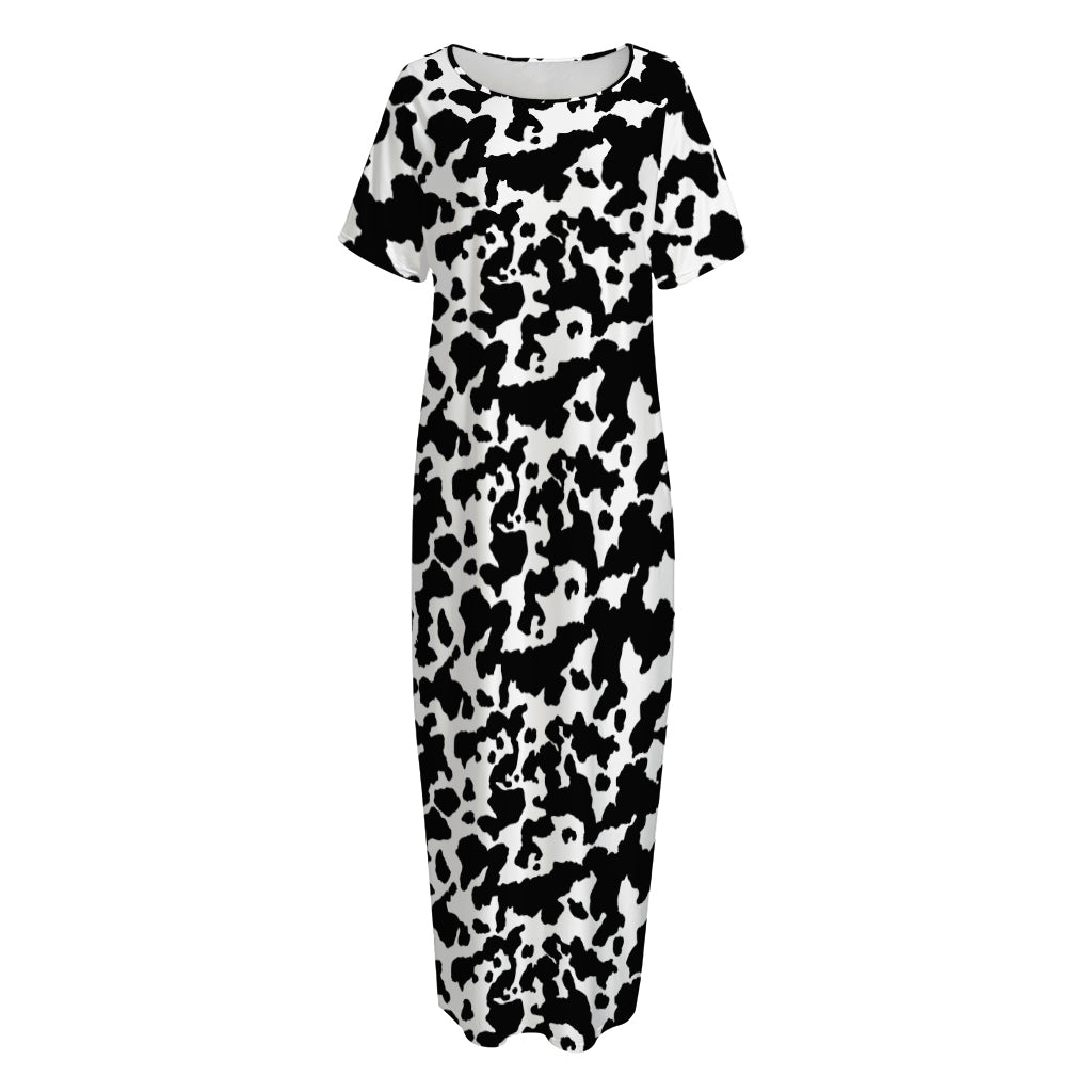 Black And White Cow Pattern Print Short Sleeve Long Nightdress
