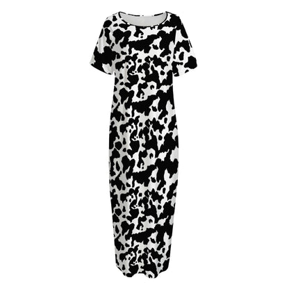 Black And White Cow Pattern Print Short Sleeve Long Nightdress