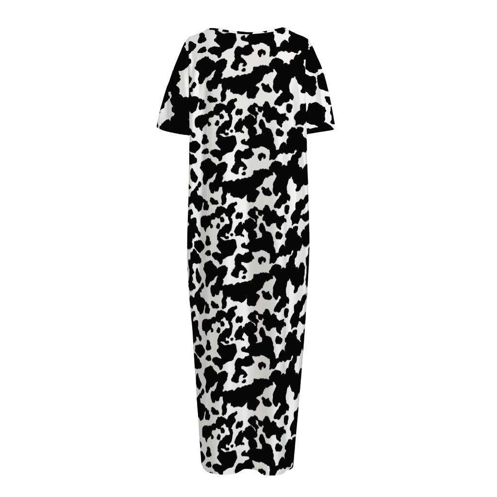 Black And White Cow Pattern Print Short Sleeve Long Nightdress