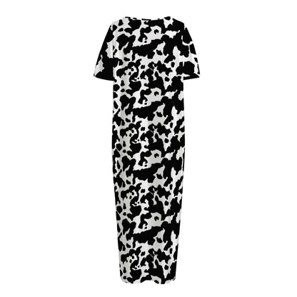 Black And White Cow Pattern Print Short Sleeve Long Nightdress