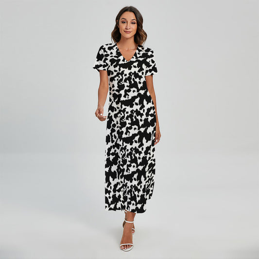 Black And White Cow Pattern Print Short Sleeve Maxi Dress