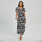 Black And White Cow Pattern Print Short Sleeve Maxi Dress