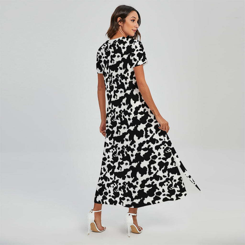 Black And White Cow Pattern Print Short Sleeve Maxi Dress