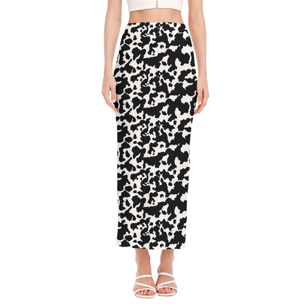 Black And White Cow Pattern Print Side Slit Maxi Skirt