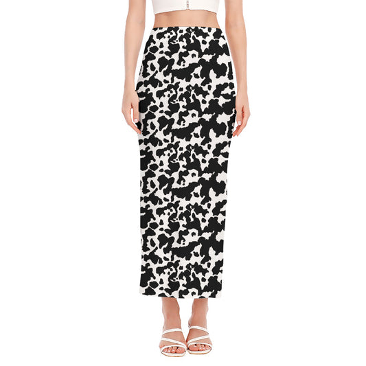Black And White Cow Pattern Print Side Slit Maxi Skirt