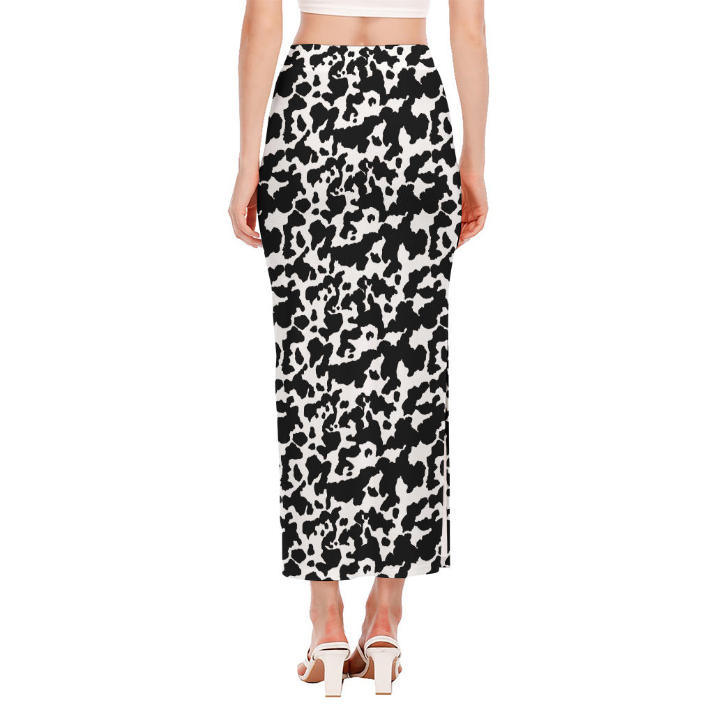 Black And White Cow Pattern Print Side Slit Maxi Skirt