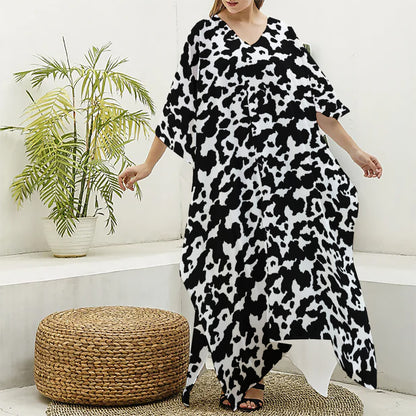 Black And White Cow Pattern Print Silk V-Neck Kaftan Dress