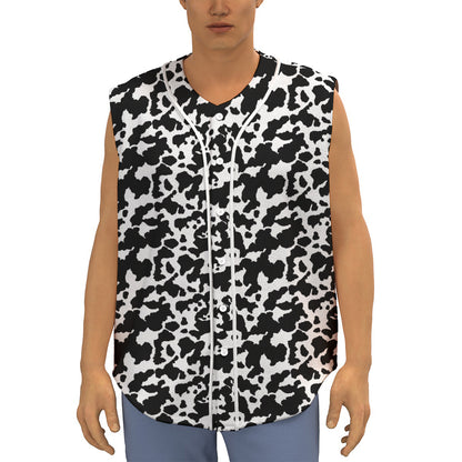 Black And White Cow Pattern Print Sleeveless Baseball Jersey