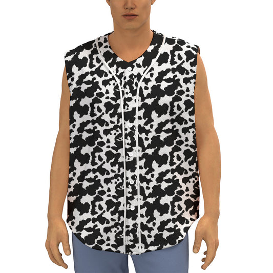 Black And White Cow Pattern Print Sleeveless Baseball Jersey