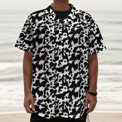 Black And White Cow Pattern Print Textured Short Sleeve Shirt