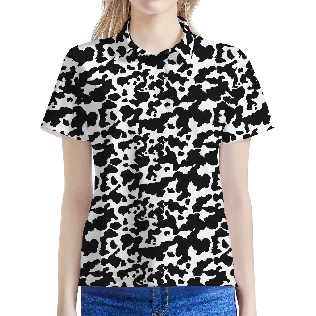 Black And White Cow Pattern Print Women's Polo Shirt