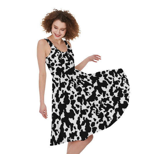 Black And White Cow Pattern Print Women's Sleeveless Dress