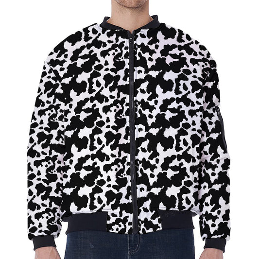 Black And White Cow Pattern Print Zip Sleeve Bomber Jacket