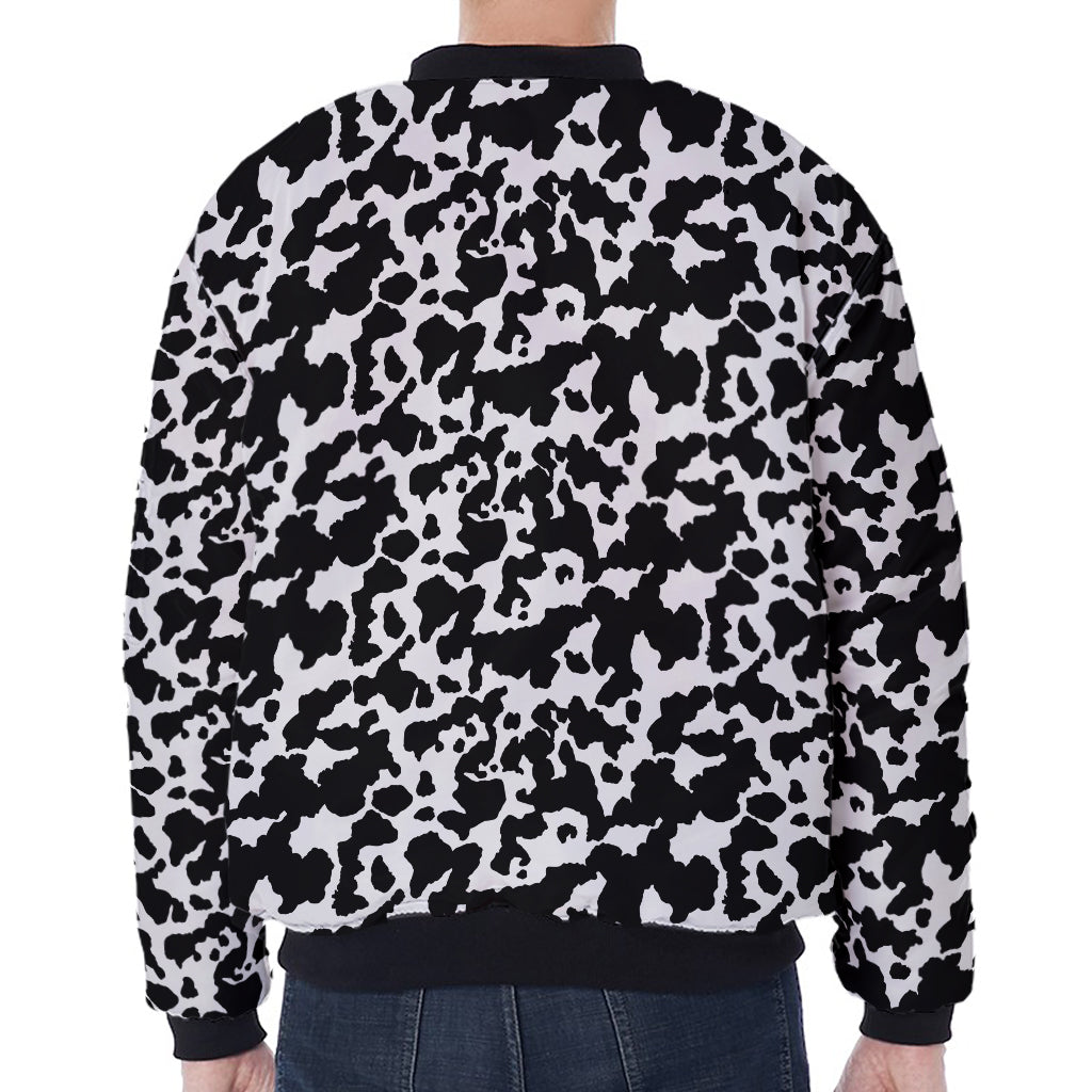 Black And White Cow Pattern Print Zip Sleeve Bomber Jacket