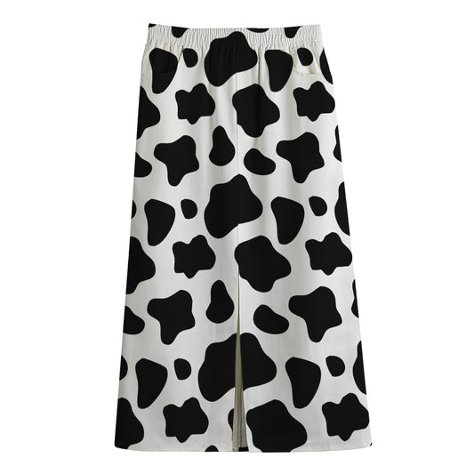 Black And White Cow Print Cotton Front Slit Maxi Skirt