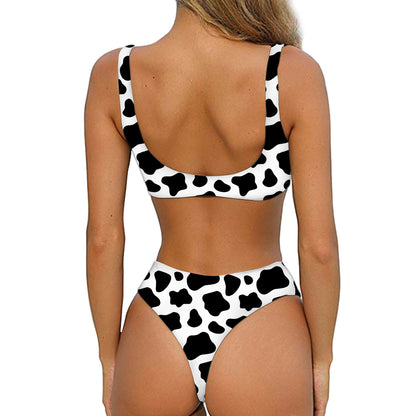 Black And White Cow Print Front Bow Tie Bikini