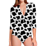 Black And White Cow Print Long Sleeve Swimsuit