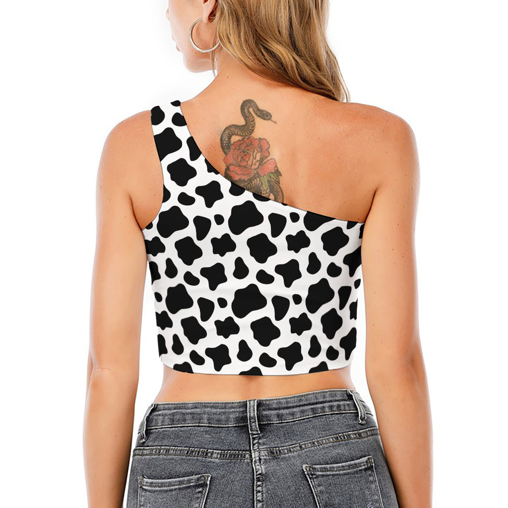 Black And White Cow Print One Shoulder Crop Top