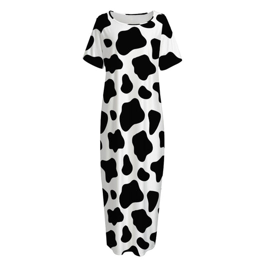 Black And White Cow Print Short Sleeve Long Nightdress