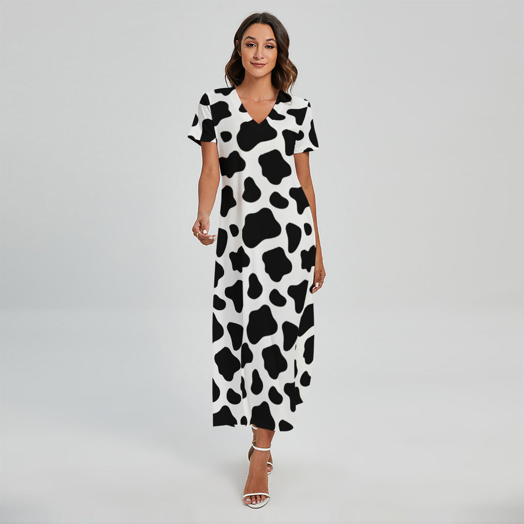 Black And White Cow Print Short Sleeve Maxi Dress