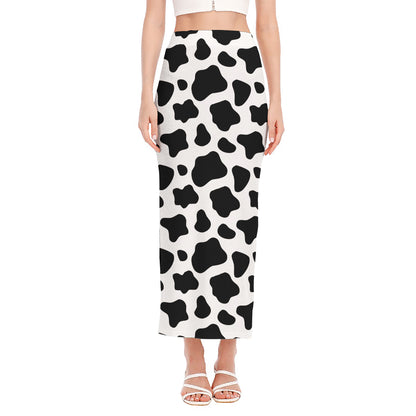 Black And White Cow Print Side Slit Maxi Skirt