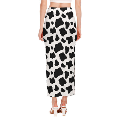Black And White Cow Print Side Slit Maxi Skirt