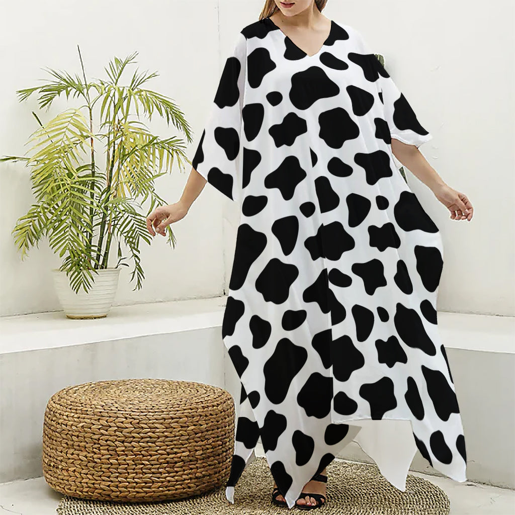 Black And White Cow Print Silk V-Neck Kaftan Dress