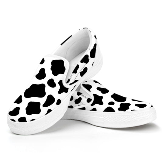 Black And White Cow Print White Slip On Sneakers