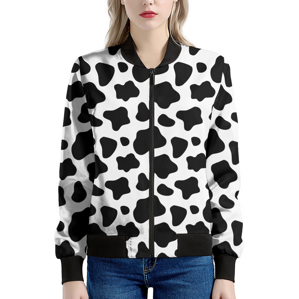 Black And White Cow Print Women's Bomber Jacket