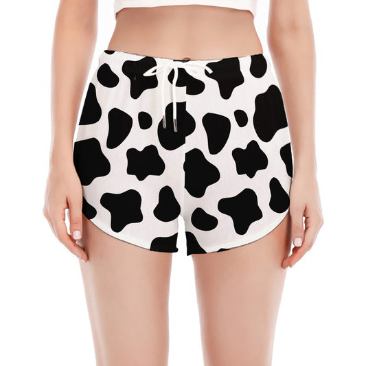 Black And White Cow Print Women's Split Running Shorts
