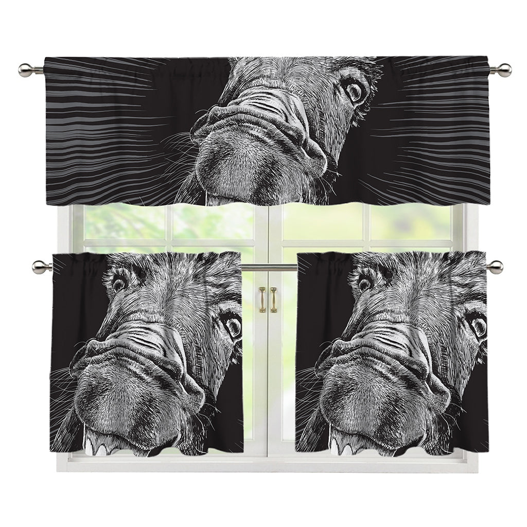 Black And White Crazy Donkey Print 3 Piece Kitchen Curtains