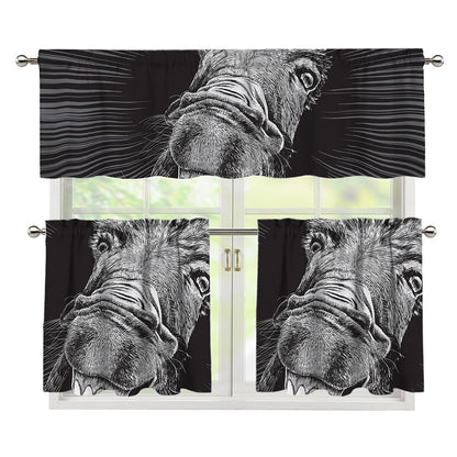 Black And White Crazy Donkey Print 3 Piece Kitchen Curtains