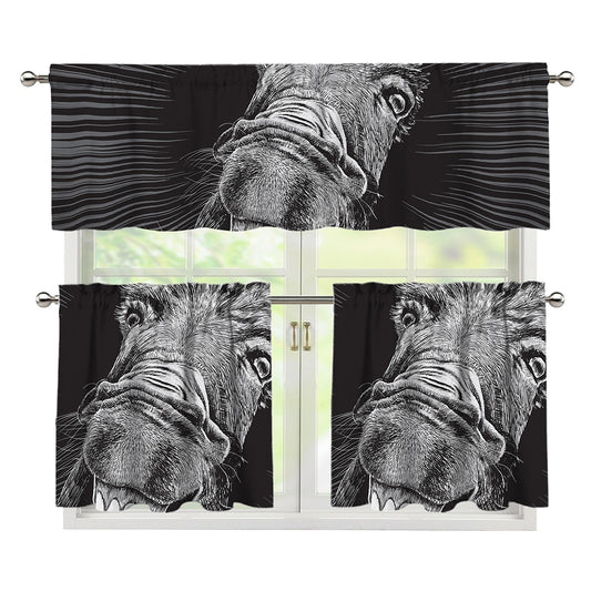 Black And White Crazy Donkey Print 3 Piece Kitchen Curtains