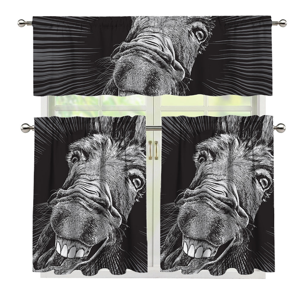 Black And White Crazy Donkey Print 3 Piece Kitchen Curtains