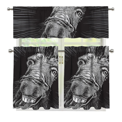 Black And White Crazy Donkey Print 3 Piece Kitchen Curtains