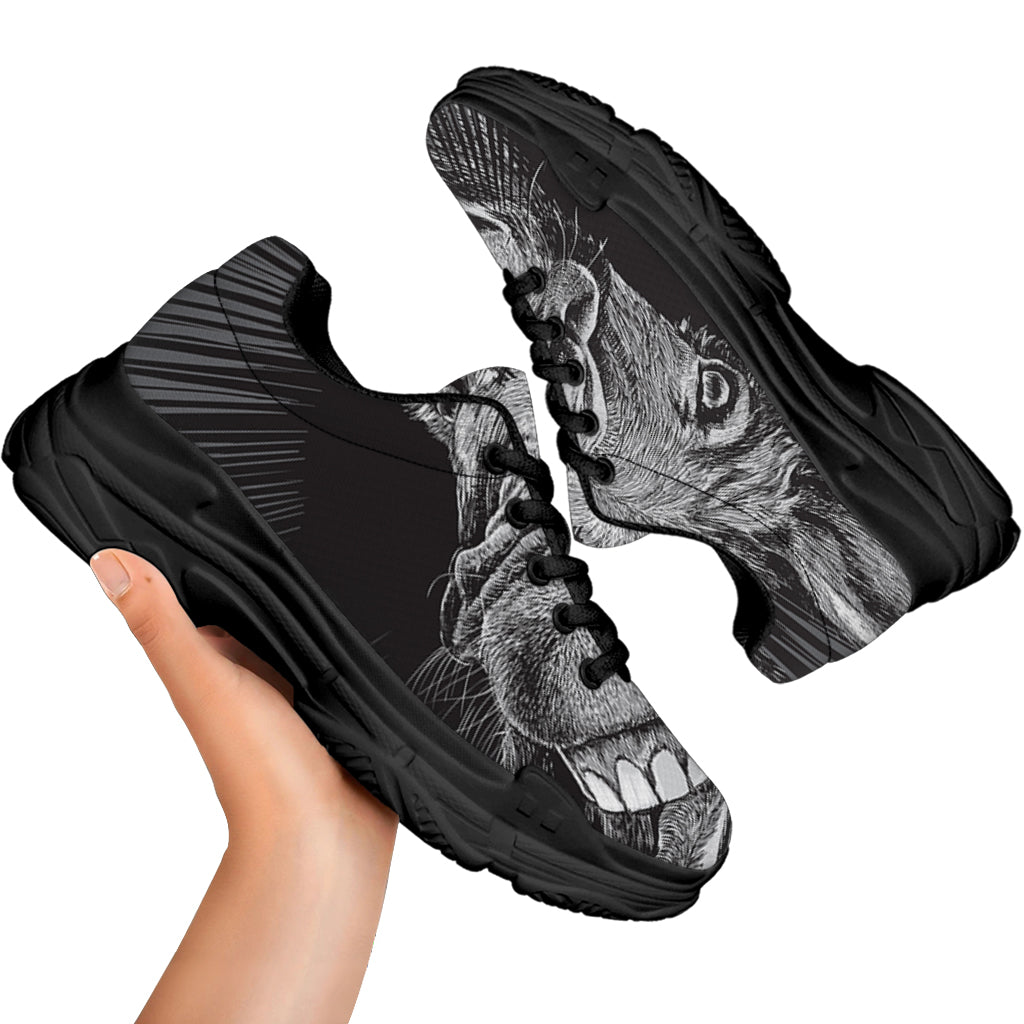Black And White Crazy Donkey Print Black Chunky Shoes